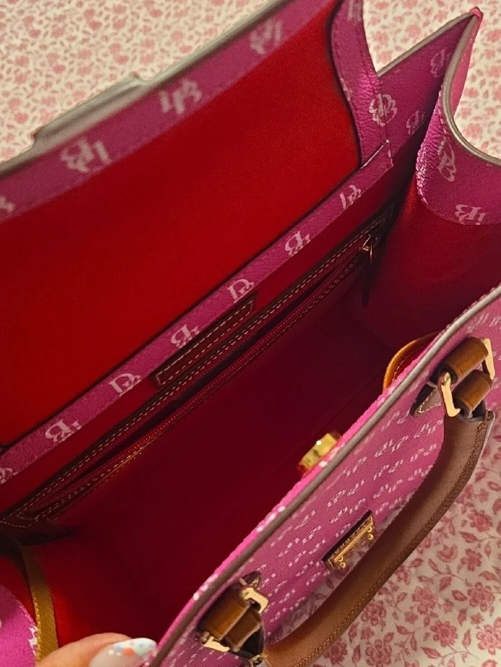 Dooney & Bourke Fuchsia DB Logo Tote with Brown Trim JANINE